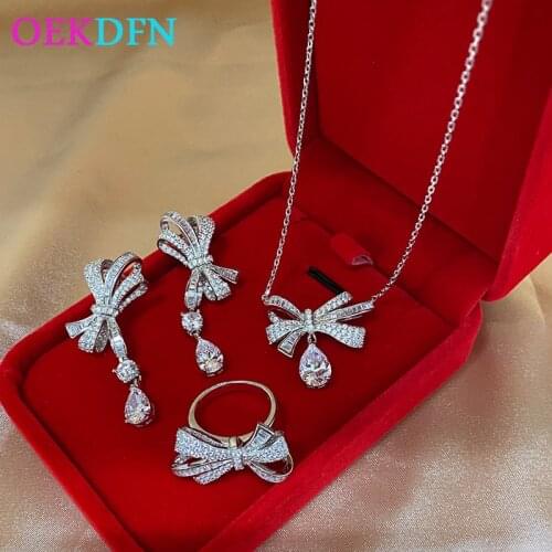 OEKDFN Luxury 925 Sterling Silver Earrings/Pendant/Necklace/Ring Wedding Jewelry Set Sparkling High Carbon Diamond Bijoux Female