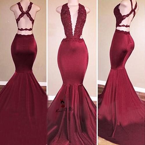 Sexy Backless Evening Dresses Lace Deep V Neck Formal Evening Gowns Long Mermaid African Prom Dresses Vestido de Noche 2018