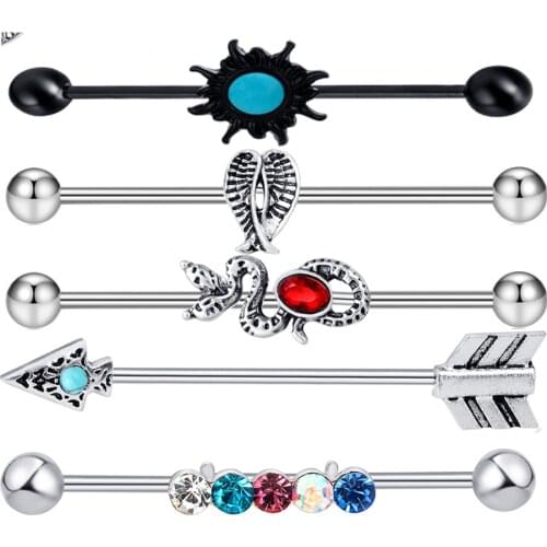 5pcs 14G Industrial Barbell Surgical Steel Cartilage Earrings CZ Industrial Earring Crystal Ferido Industrail Piercing 38mm