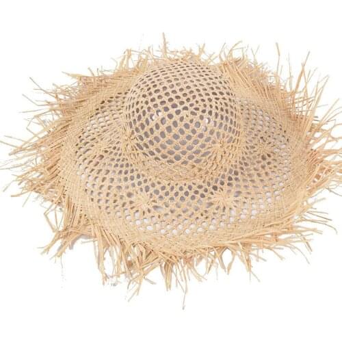 Large Wide Brim Raffia Straw Hat Women Round Top Foldable Hollow Out Summer Hats Panama Outdoor Vacation Beach Sun Hat