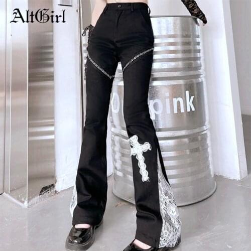 AltGirl Vintage Lolita Lace Pants Women Y2k E-gir Gothic Punk High Waist Cross Embroidery Flare Pants Emo Alt Mall Goth Clubwear