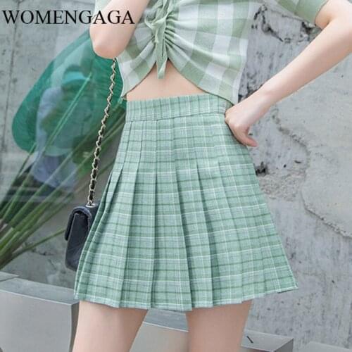WOMENGAGA Pleated Lovely Plus Size Womens Summer 2020 New High Waisted Plaid A-line Green Sexy Mini Short Skirt FHYG