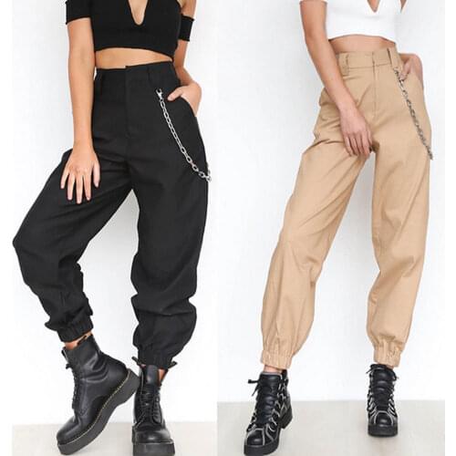 Womens High Waist Safari Cargo Trousers Solid Punk Loose Long Sports Pants With Chain Hip Hop Cool Casual Pants