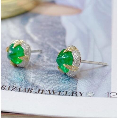 LR Solid 18K Gold AU750 Nature Green Emerald 2ct Gemstones Diamonds Female Drop Earrings for Women Fine Earrings