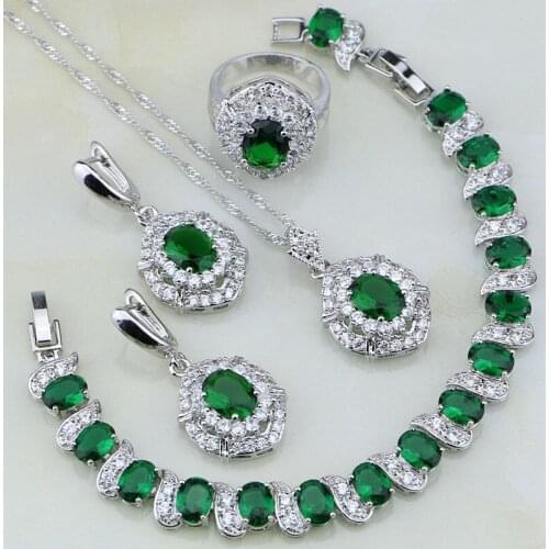 925 Silver Jewelry Egg Shaped Green Zircon White Birthstone Charms Jewelry Sets For Women Earring/Pendant/Necklace/Bracelet/Ring