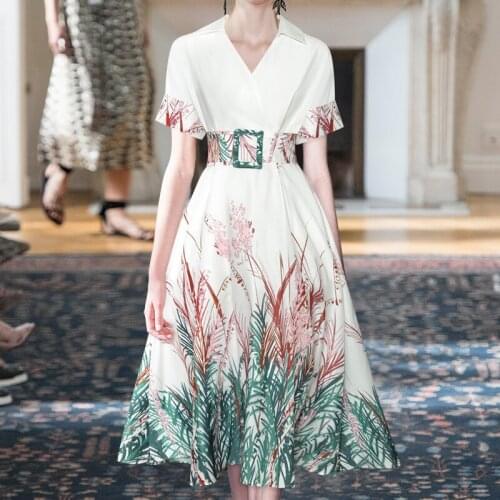 2021 New Flower Print Women Dress Fashion V-Neck Short Sleeve Pleated Dresses D4530