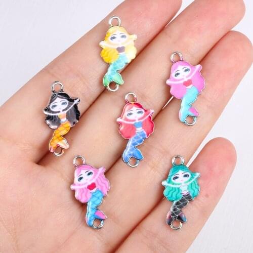 10PCS Silver Plated Enamel Colorful Mermaid Charm Connectors for Jewelry Making Bracelet Necklace Craft DIY Accessories 23x12mm