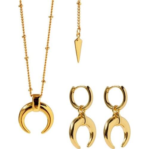 AAA Quality Fashion Fine Crescent Horns Style Stainless Steel Plated Gold Necklace Drop Earrings Sets Jewelry For Women