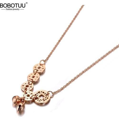 BOBOTUU Stainless Steel Chinese National Style Ancient Coins & Bells Pendant Necklaces For Women Ethnic Choker Necklace BN19210
