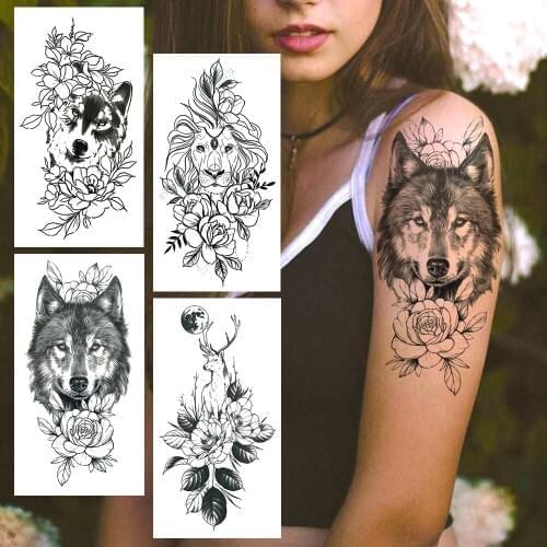 Big Black Wolf Temporary Tattoo For Women Men Realistic Lion Elk Fake Tattoos Sticker Waterproof Camellia Flower Tatoos Armbands