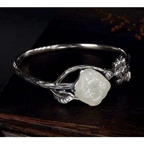 Silver S925 Sterling Silver Antique Mosaic Tian White Jade Lotus Leaf Lady Open Bracelet Bracelet Wholesale