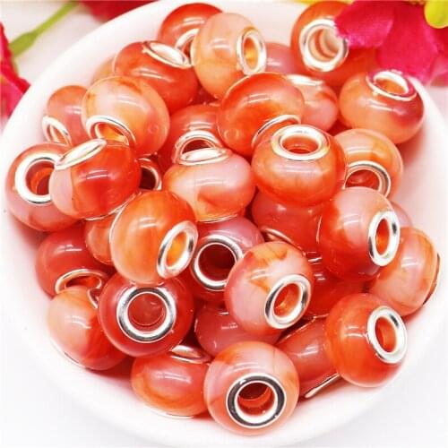 10Pcs New Red Acrylic Resin Silver Color Murano Beads Large Holes Fit European Charm Bracelet Chain Spacer Jewelry Making Bulk