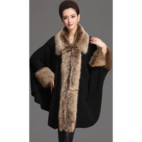 Double sided woolen fabrics imitated raccoon fur collar womens fashion overcoat pashmina poncho cloak bat sleeved mid-long