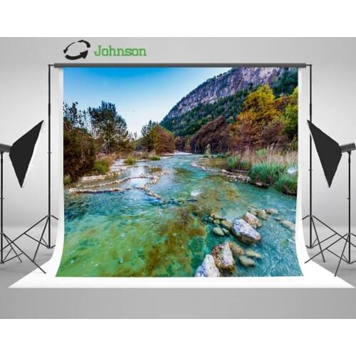 Blue Sky White Clouds Fall Trees River Rock Tree background polyester or Vinyl cloth Computer print wall backdrops