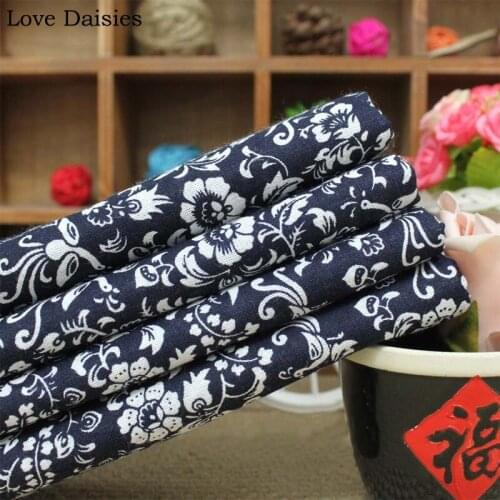 Cotton/Linen Textile Retro NAVY BLUE White Small Phoenix Flower Fabric for DIY Tablecloth Curtain Apparel Dress Craft home Decor