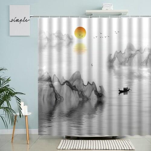 Chinese Landscape Shower Curtain Ink Art Painting Modern Bathroom Wall Hone Decor With Hook Hanging Waterproof Polyester Screen