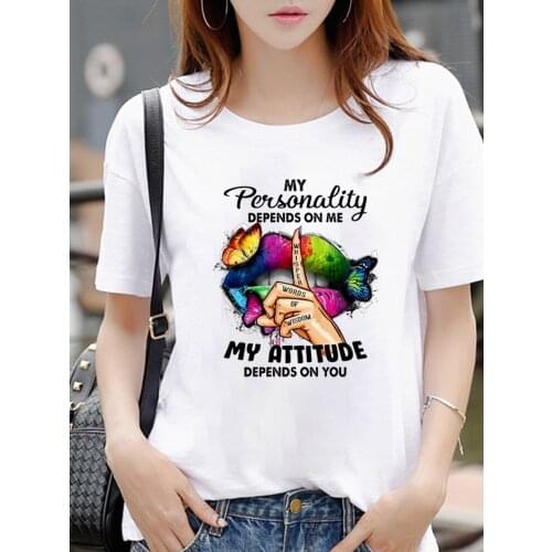 Fashion Women T-shirt My personality Depends On Me My Attitude On You Colorful lips Butterflies Print Harajuku Summer Tops