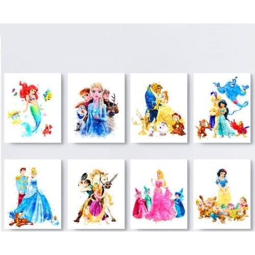 Disney Princess Set of 8 Art Print Princess Cindrella Rapunzel Sleeping Beauty Snow White Watercolor Painting Decor Wall Art
