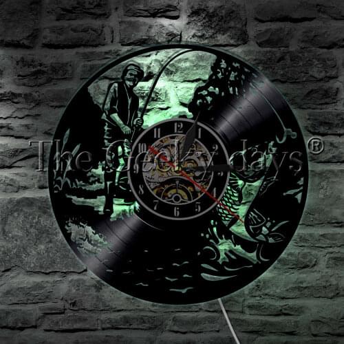 Fishing Man LED Wall Lamp Vinyl Record Wall Clock Angling Fish Hook Modern Design Decorative Lighting For Fishmen Gift