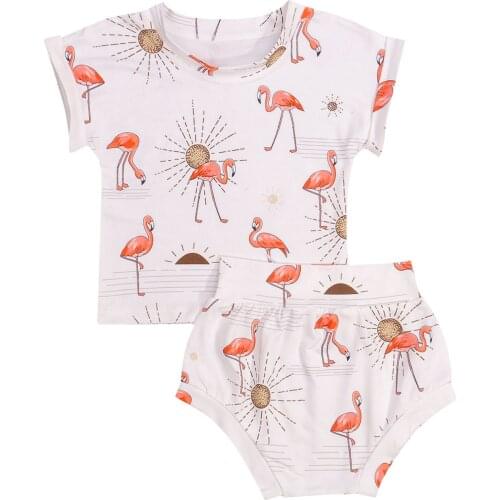 0-3Y Toddler Baby Girl Clothes Set Newborn Girls Outfit Flamingo Printed Short Sleeve Top+Shorts Summer New Born Fashion