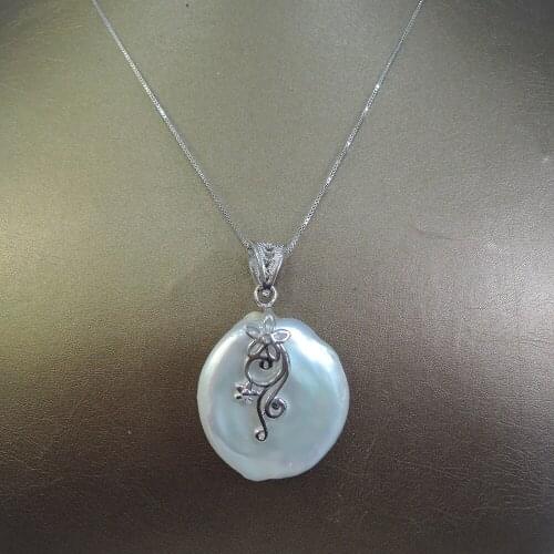 100% nature freshwater pearl pendant necklace ,925 silver chain-25-30 mm coin shape baroque pearl pendant necklace