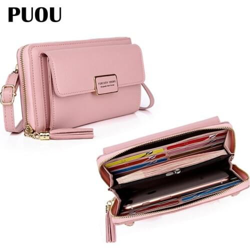 PUOU New Fashion Daily Use Card Holder PU Leather Cellphone Purses Small Summer Shoulder Bag for Women Handbags Wallets