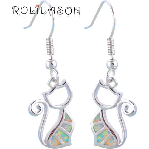 ROLILASON Brand Wonderful Cat Design White Fire Opal 925 Silver Party Fashion Jewelry Drop Earrings for Girls OES629