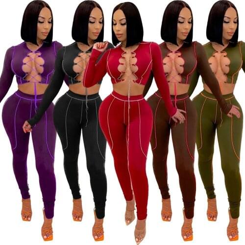 Long Sleeve Tie Front Top And Pants Sexy 2 Piece Set Women Club Outfit Hollow Out Y2k Bandage Top Summer Spring Tracksuit 2021