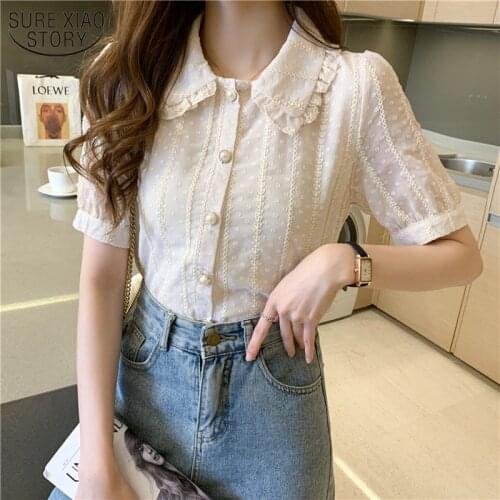 Chiffon Blouse Women Fashion Shirt Doll Collar White Girlish Jacket Short Sleeve Janpenese Style Cute Bottoming Shirt 14199