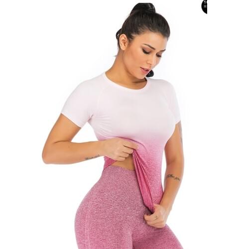 Gradient Color Sports Fitness T-shirt Slim Dry Fit Gym Tight Top Seamless Yoga Shirts Running Tops Female Workout Jerseys XL