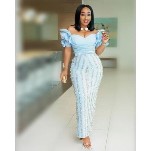 Light Blue Plus Size Evening Dresses Ankle Length Ruffles Short Sleeves Mermaid Prom Dress Beading Appliques African Gowns