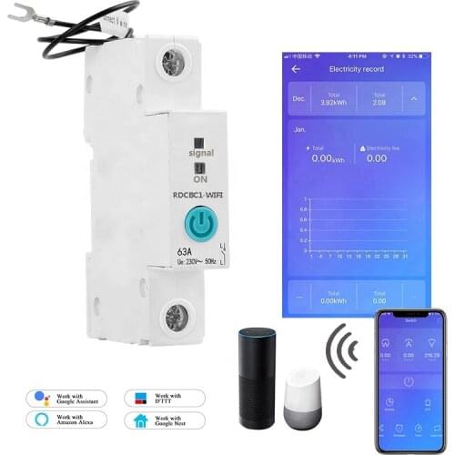 1p 18mm WIFI Smart Circuit Breaker Energy Meter Remote Control Caculate Power Sumption With Alexa and Google for Smart Home