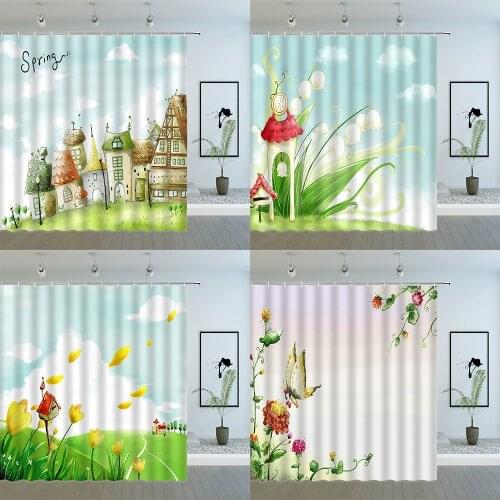 Spring Cartoon Landscape Shower Curtains Flower Plant Scenery Pattern Bathroom Decor Accessories Cloth Hanging Curtain Set Cheap