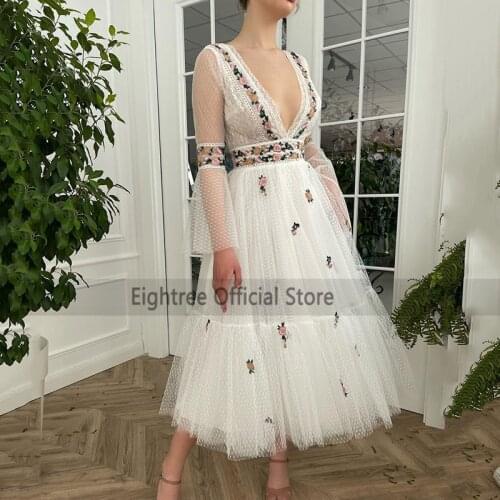 Eightree Vintage Boho Wedding Dresses Short Long Sleeve Lace Bride Dress 2021 Korea Wedding Gowns Dots Tulle Tea Length Vestido