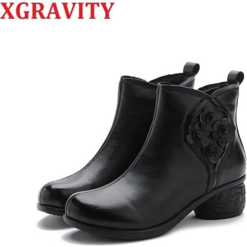 XGRAVITY 2020 Autumn WInter Boots Fashion Cow Genuine Leather Ankle Boots Chunky High Heel Shoes Simple Pumps Female Shoe S169