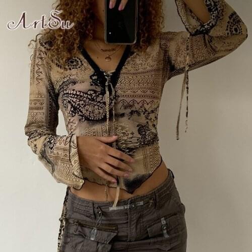 ArtSu Graphic T Shirts Women Y2K Clothes Gothic Lace Up V Neck Tshirts Vintage Streetwear Flare Long Sleeve T-shirt Femme Tops