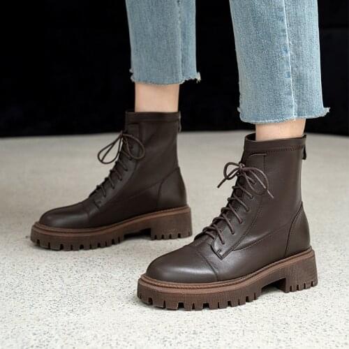 2021 New Genuine Leather Winter ZIP Women Boots Fashion Round Toe Chunky Heel ANKLE Boots Platform Shoes Women Shoes Stretch