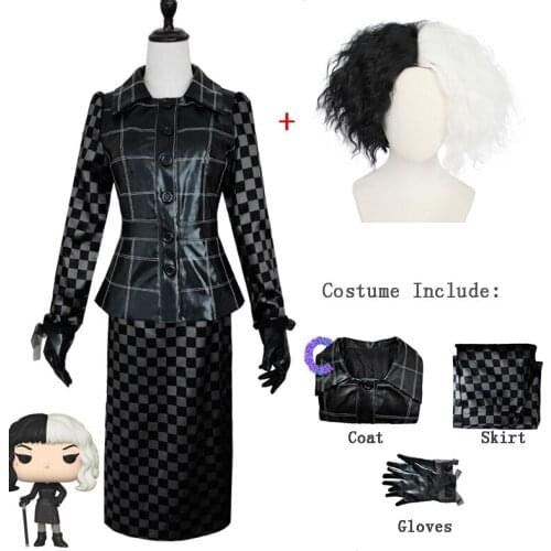 Anime Cruella Cosplay Costumes Performance Dress Cruella De Vil Wig Women Faux Leather Skirts Movie Costume Set Halloween Party