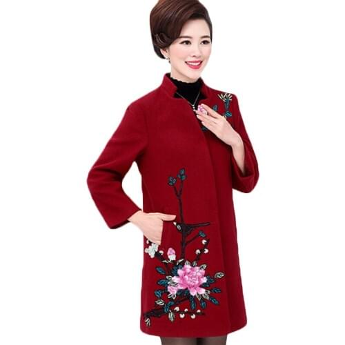 New Autumn Winter Embroidered Woolen coat Women National wind stand collar Long Woolen coats Womens Plus size Overcoats 5XL F825