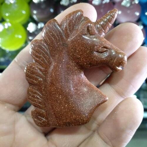 2'' Natural Red gold sand Crystal Unicorn Specimen Carving Horse Head Figurine 1PC
