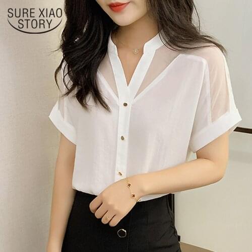 2021 Pullover Chiffon Women Blouse Summer New Style Short-Sleeved Top Women Fashion Solid Color Mesh V-neck Women Shirts 9632