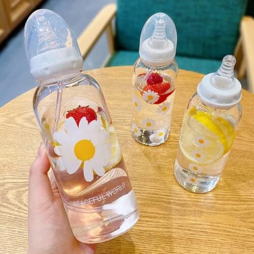 400ml Cute Daisy Glass Pacifier Water Bottles Straw Cup for Adult Children Milk Juice Transparent Bottle Portable Drink Bottle