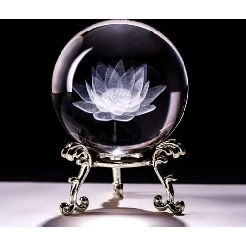 60mm 3d Carving Crystal Ball Paperweight with Stand Healing Meditation Glass Sphere Fengshui Home Decor Ornaments Lotus Flower