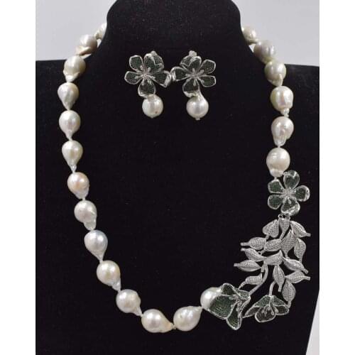 Freshwater pearl white reborn keshi baroque necklace earrings +flower pendant 19inch FPPJ wholesale beads nature