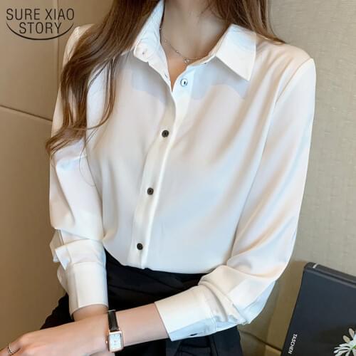 Blouse Women 2021 Autumn Solid Silk Long Sleeve Womens Blouse Satin Single-breasted Loose Shirts Korean Office Lady Style 11053