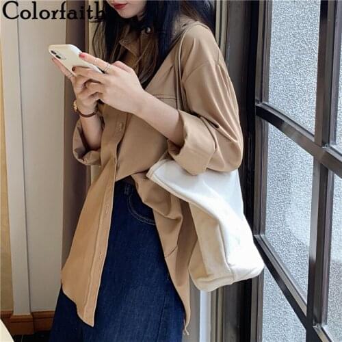 Colorfaith New 2021 Spring Summer Blouses Shirts Vintage Oversize Buttons Korean Style Office Lady Fashionable Wild Tops BL9050A