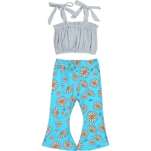 2021 1-6Y Kids Baby Girl Clothing Sweet Style Solid Color Sleeveless Short Suspender Tops+Floral Print Long Bell-bottomed Pants