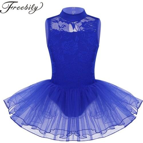 Kids Teens Sleeveless Mock Neck Lace Mesh Ballet Tutu Dress Ballerina Dance Costume Girls Ballet Dance Gymnastics Leotard