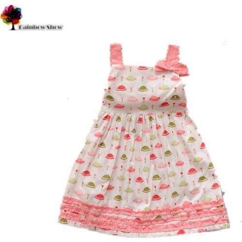 New Summer Lovely Female Child Pink Hats-printed Sleeveless Cotton Girl Dress Ruffle Flounce Children Clothing