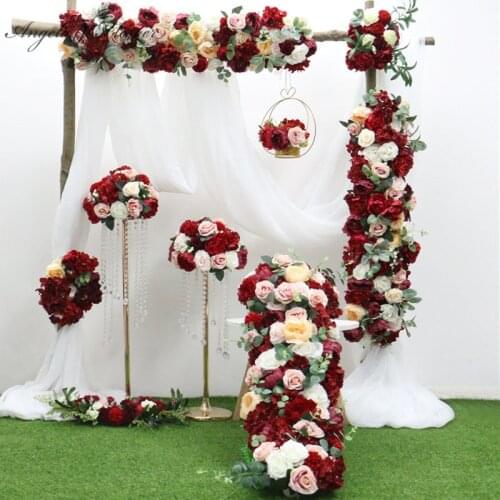 Homemade burgundy red artificial flower ball table centerpiece wedding decor party flower row arrangement Christmas garland gift